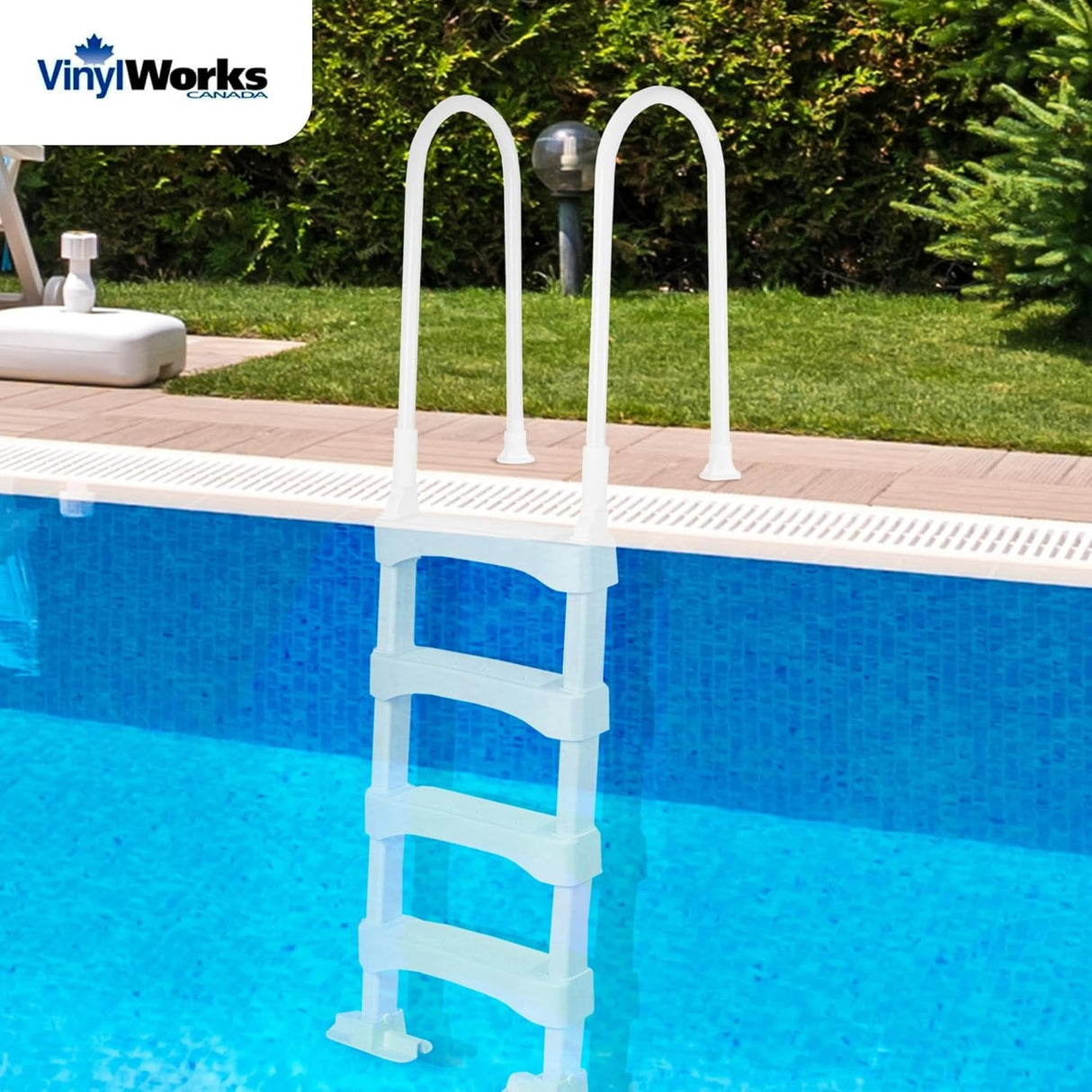 This is a lifestyle image showing this ladder in a pool.