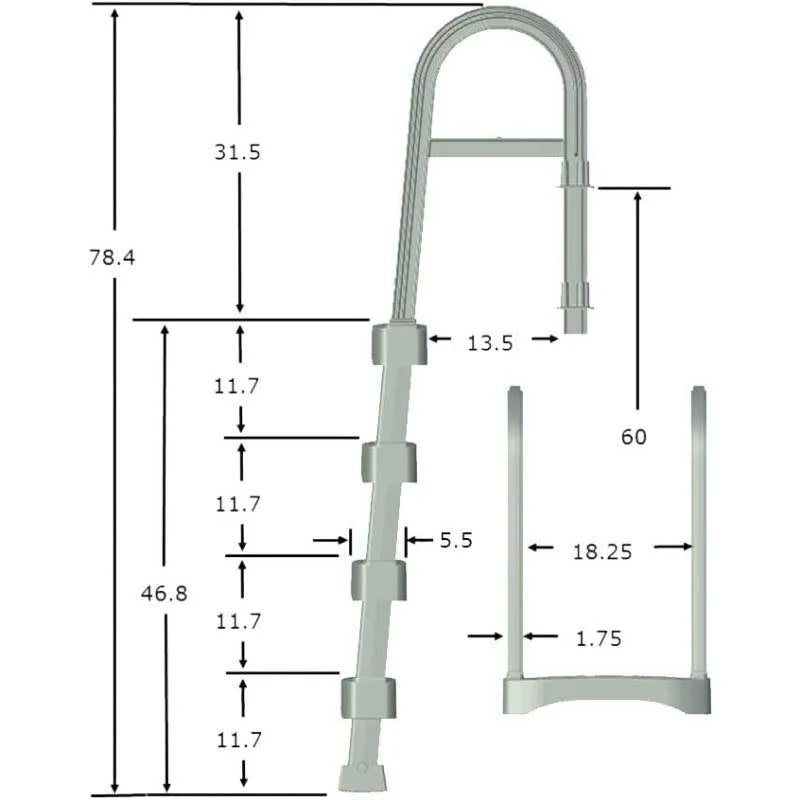 This image shows the sizes of every part of the ladder. The handrails measure 31.5 inches. From the top step to the bottom step it measures 46.8 inches. From the top of the handrail to the bottom of the ladder measures 78.4 inches. Each step has 11.7 inches between them.
