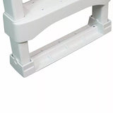 This is an up close view of the bottom of the ladder on a white background.