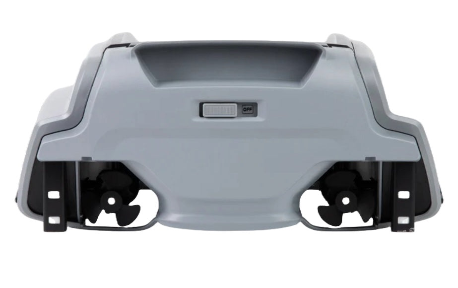 This image shows the underside of the pool cleaner on white background. It shows the button is OFF.