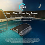 This image shows the pool cleaner in a pool, with one side being sunny and one side being nighttime. It reads "Non-stop cleaning power. Experience nonstop pool perfection with Betta's patented AquaDynamic Design. Cleans day and night - so debris disappears and your pool always shines."