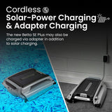 This image shows the cleaner charging in a pool on one side and the cleaner plugged into a wall on the other side. It reads "Cordless Solar Power Charging and Adapter Charging. The new Betta SE Plus may also be charged via adapter in addition to solar charging."