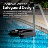This image shows the cleaner on the steps leading into a pool. It reads "Shallow Water Safeguard Design. The shortened ship draft design allows for navigating pool features like shallow water stairs and complex structures with ease."