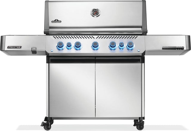 Silver and gray Napoleon grill. There is a built-in thermometer on the lid, there are two shelves outstretched, seven buttons and a cabinet that opens up underneath. This is the front view.