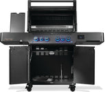 Black Napoleon grill. There is a built-in thermometer on the lid, there are two shelves outstretched, six buttons and a cabinet that opens up underneath. This is the view of everything open.