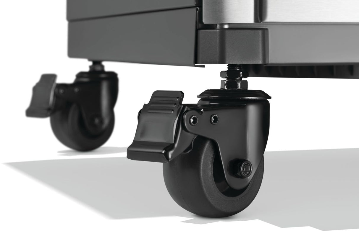 This is an up close view of the wheels on the grill. There are locking mechanisms.