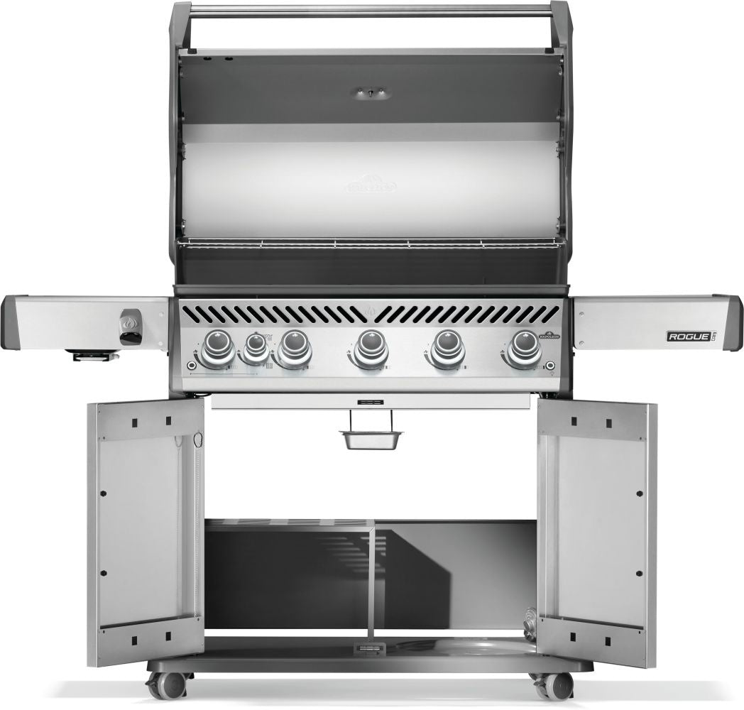 This image shows the grill with the lid open, the shelves down and the cabinet open.