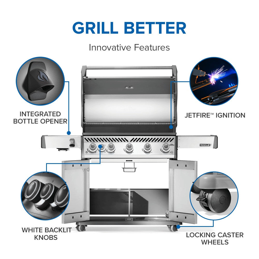 This image shows off the different features of this grill. For example: the integrated bottle opener, the JetFire Ignition, white backlit knobs and locking caster wheels.
