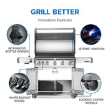 This image shows off the different features of this grill. For example: the integrated bottle opener, the JetFire Ignition, white backlit knobs and locking caster wheels.