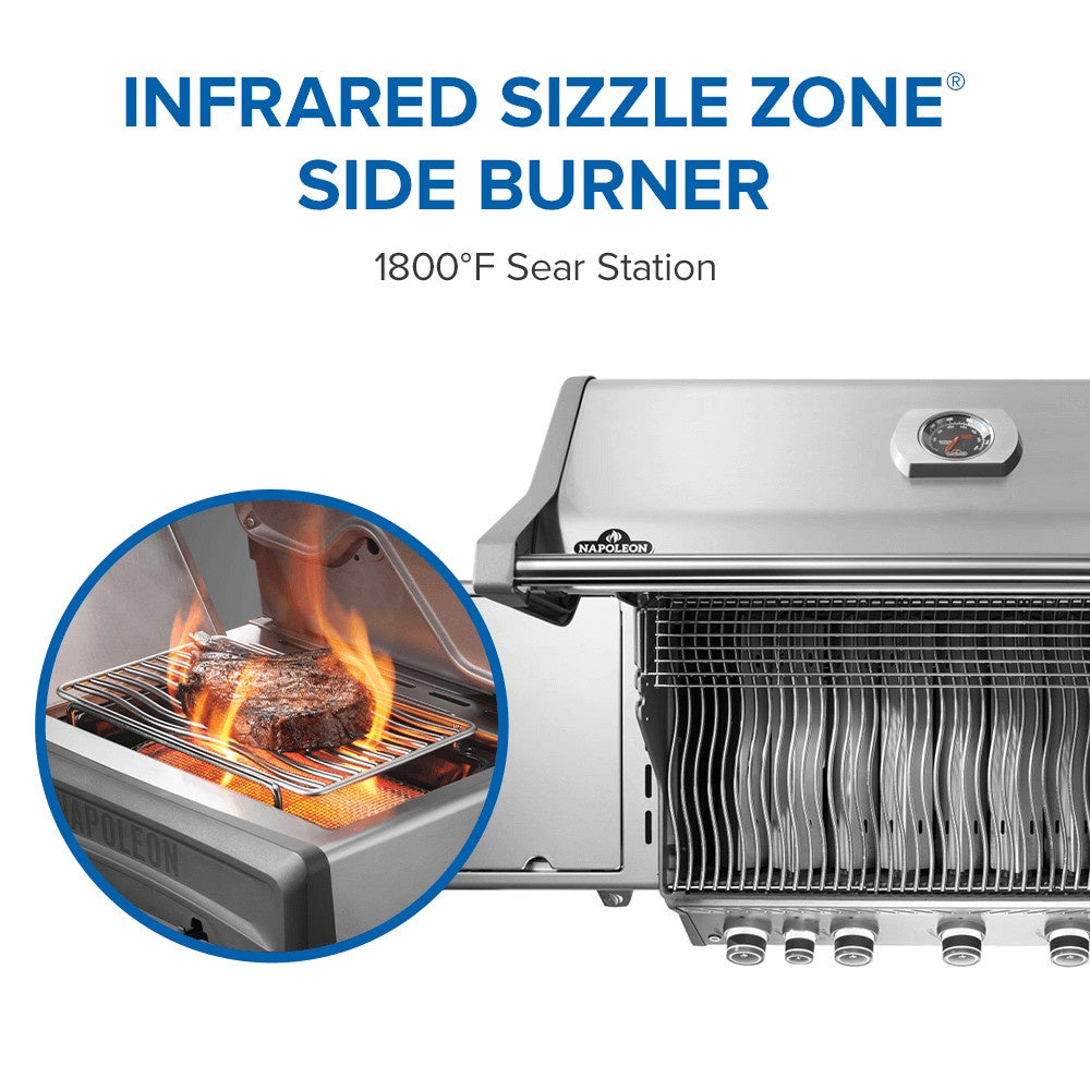This image is showing off the infrared Sizzle Zone side burner aka the 1800 degrees Fahrenheit sear station.