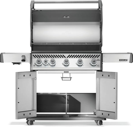 Silver and gray Napoleon grill. There is a built-in thermometer on the lid, there are two shelves outstretched, six buttons and a cabinet that opens up underneath. This is the view of everything open.
