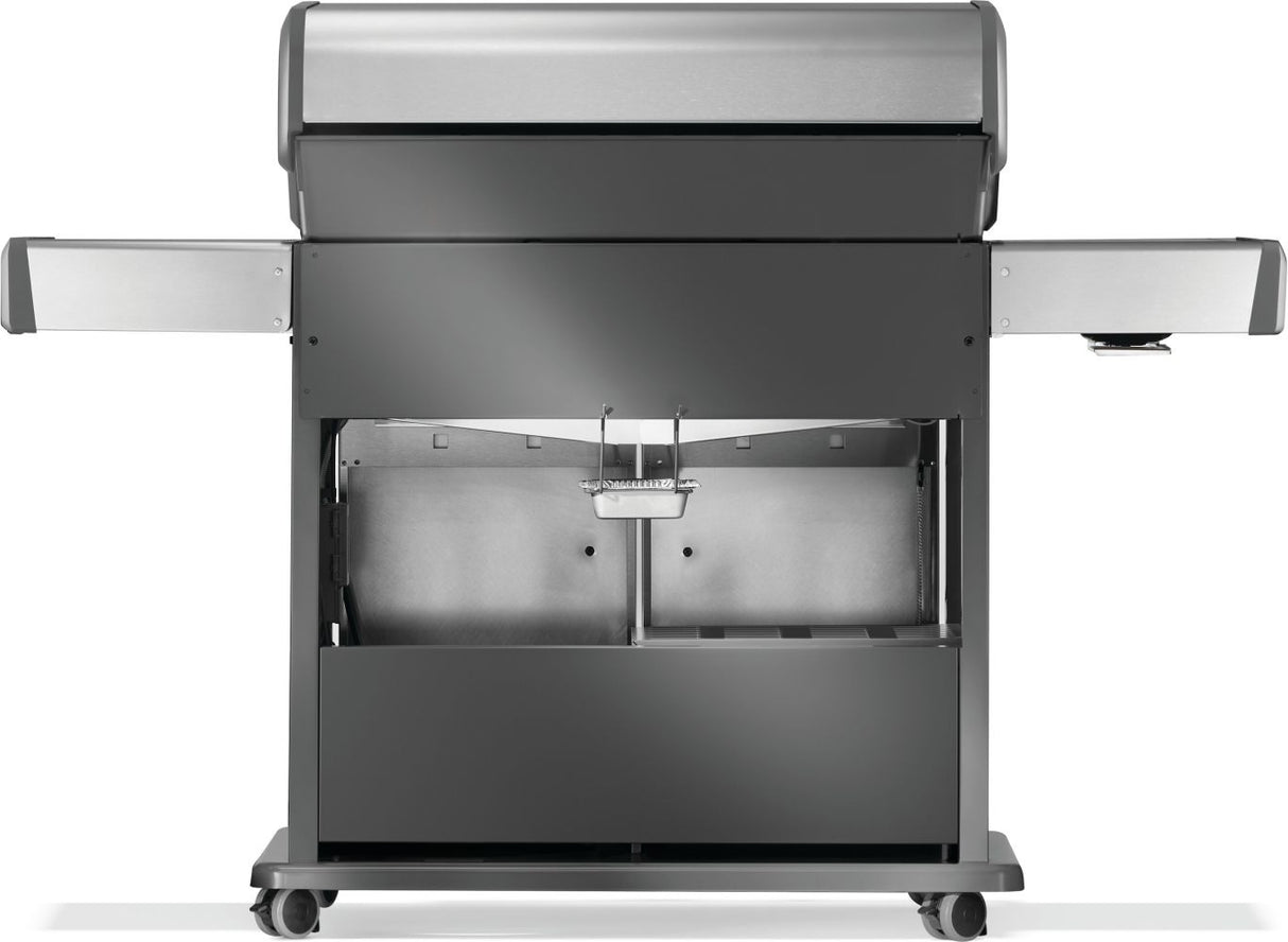 Silver and gray Napoleon grill. There is a built-in thermometer on the lid, there are two shelves outstretched, six buttons and a cabinet that opens up underneath. This is the backside.