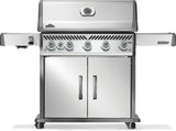 Silver and gray Napoleon grill. There is a built-in thermometer on the lid, there are two shelves outstretched, six buttons and a cabinet that opens up underneath. This is the front view.