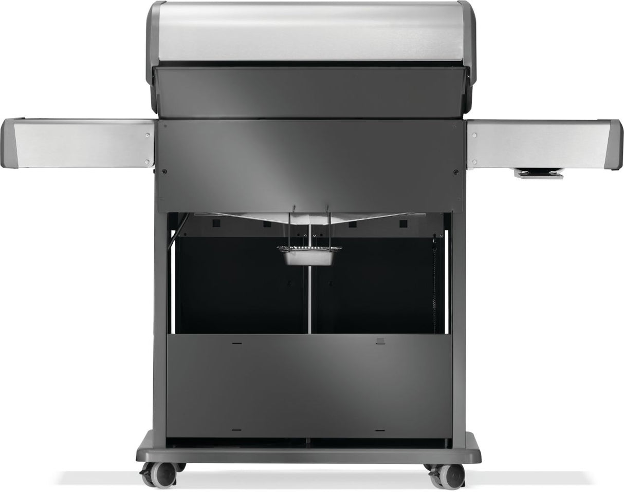 Silver and gray Napoleon grill. There is a built-in thermometer on the lid, there are two shelves outstretched, five buttons and a cabinet that opens up underneath. This is the backside.