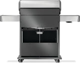 Silver and gray Napoleon grill. There is a built-in thermometer on the lid, there are two shelves outstretched, five buttons and a cabinet that opens up underneath. This is the backside.