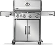 Silver and gray Napoleon grill. There is a built-in thermometer on the lid, there are two shelves outstretched, five buttons and a cabinet that opens up underneath. This is the front view.