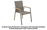This image shows the armchair with gray frames and sling fabric. The armrests are wooden. It reads "In Stock Frame Finish is Champagne with Composite EcoWood. In Stock Sling Fabric Color: Ventura Granite."