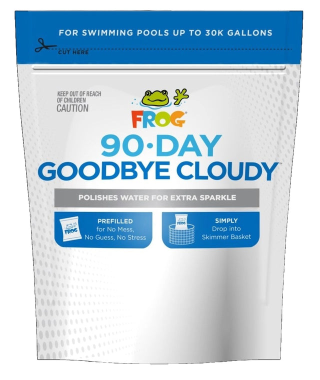 This image shows the packaging for FROG's 90 Day Goodbye Cloudy. It reads "Polishes water for extra sparkle. Prefilled for No Mess, No Guess, No Stress. Simply drop into skimmer basket."