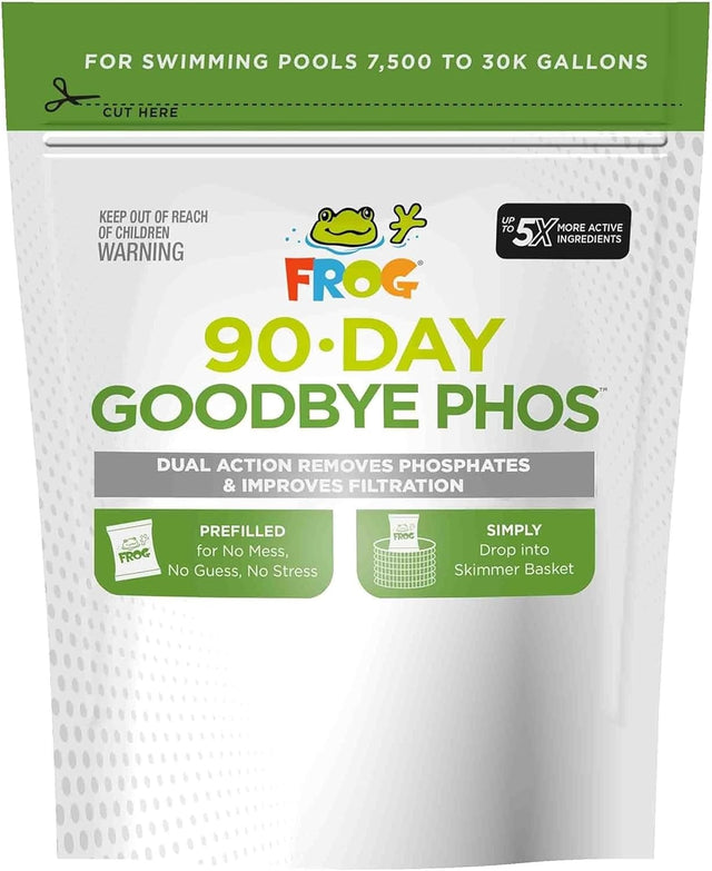 This image shows the packaging for FROG's 90 Day Goodbye Phos. It reads "Dual action removes phosphates and improves filtration. Prefilled for No Mess, No Guess, No Stress. Simply drop into skimmer basket."