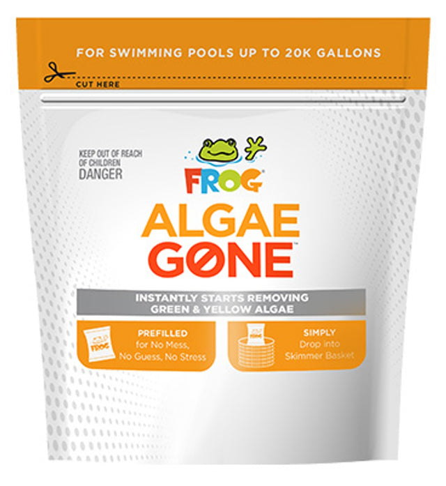 This image shows the packaging and the pod for FROG's Algae Gone. It reads "It instantly starts removing green and yellow algae. Prefilled for No Mess, No Guess, No Stress. Simply put the pod into the skimmer."