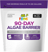 This image shows the packaging for FROG's 90 Day Algae Barrier. It prevents black, green and yellow algae. It's prefilled for No Mess, No Guess and No Stress. Simply drop it into the skimmer basket.