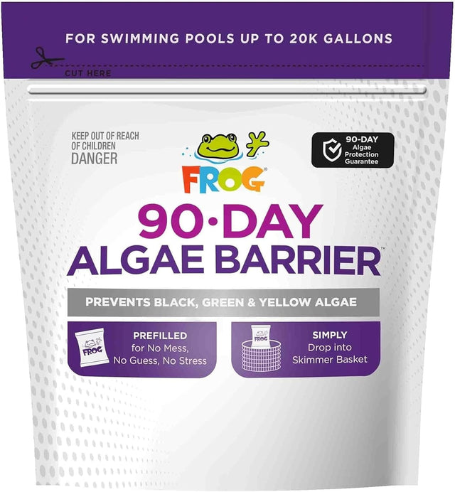 This image shows the packaging for FROG's 90 Day Algae Barrier. It prevents black, green and yellow algae. It's prefilled for No Mess, No Guess and No Stress. Simply drop it into the skimmer basket.