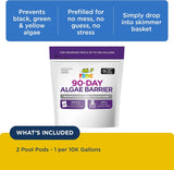 This image shows the packaging for FROG's 90 Day Algae Barrier. It reads "Prevents black, green and yellow algae. It's prefilled for no mess, no guess, no stress. Simply drop into the skimmer basket. What's included: 2 Pool Pods - 1 per 10k gallons."