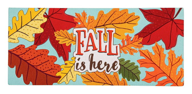 Light blue welcome mat that reads "Fall is here." There are yellow, orange, red and green leaves.