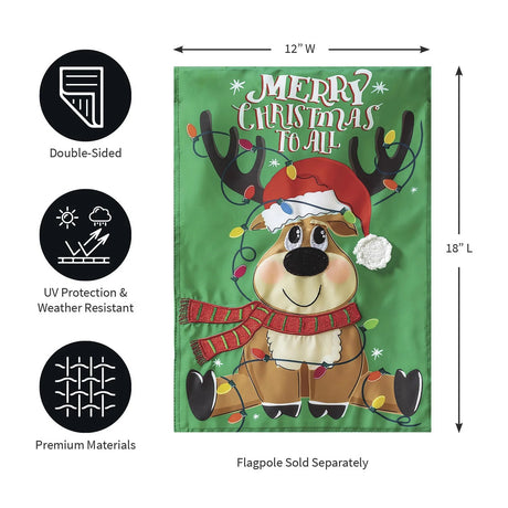 Green flag that reads "Merry Christmas to all" and features a cute, cartoon reindeer. The reindeer is wearing a red and green striped scarf, a Santa hat and there's a string of multi-colored lights wrapped around him.