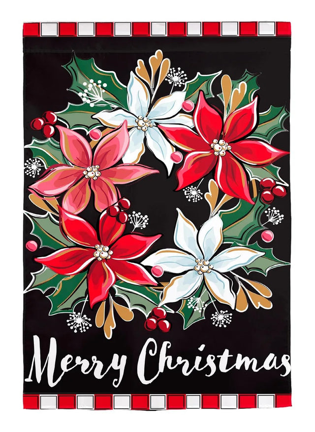 A black flag that reads "Merry Christmas" in a white, cursive font. It features a wreath made out of red, white and pink poinsettia flowers. The top and bottom border features a red and white stripe.