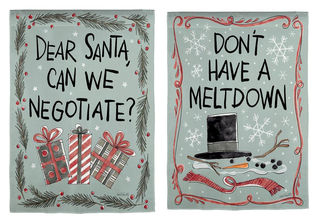 Gray/Teal colored flag with funny sayings on both sides. One reads "Dear Santa, can we negotiate?" and features three presents and pine needles and berries around the border. The other side reads "Don't have a meltdown" and features a melted snowman. There's a red swirling design along the border.