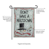 Gray/Teal colored flag with funny sayings on both sides. One reads "Dear Santa, can we negotiate?" and features three presents and pine needles and berries around the border. The other side reads "Don't have a meltdown" and features a melted snowman. There's a red swirling design along the border.