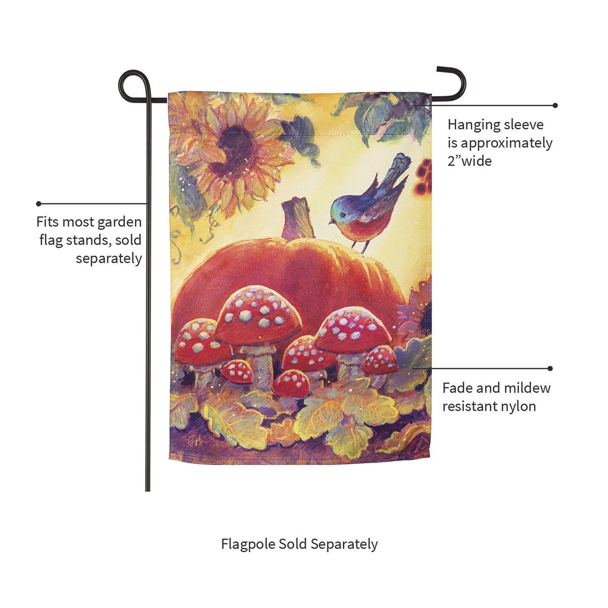Yellow flag that features a sunflower, leaves, mushrooms, a large pumpkin and a blue bird sitting on the pumpkin.