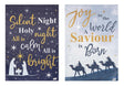 A flag with a design on the front that reads "Silent night, holy night, all is calm, all is bright" in a mixture of cursive and normal printing. The design on the back reads "Joy to the world, a savior is born" in a mixture of cursive and normal printing.