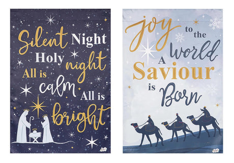 A flag with a design on the front that reads "Silent night, holy night, all is calm, all is bright" in a mixture of cursive and normal printing. The design on the back reads "Joy to the world, a savior is born" in a mixture of cursive and normal printing.