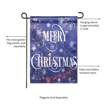 A blue flag that reads "MERRY CHRISTMAS" and features snowflakes, stars and a red silhouette of Santa and his reindeers.