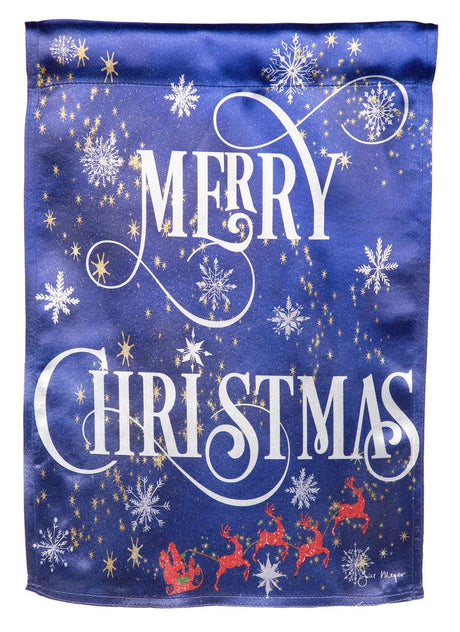 A blue flag that reads "MERRY CHRISTMAS" and features snowflakes, stars and a red silhouette of Santa and his reindeers.
