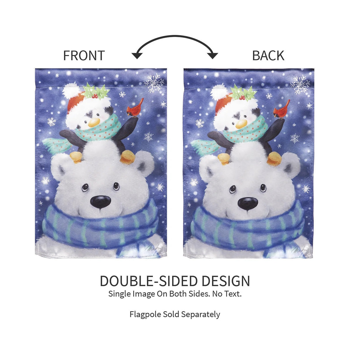 Blue flag that features a cute polar bear wearing a blue and green striped scarf. There's a cute penguin sitting on the polar bear's head. The penguin is wearing a Santa hat and a teal scarf with pink polka dots. There's a cardinal sitting on the penguin's flipper.