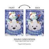 Blue flag that features a cute polar bear wearing a blue and green striped scarf. There's a cute penguin sitting on the polar bear's head. The penguin is wearing a Santa hat and a teal scarf with pink polka dots. There's a cardinal sitting on the penguin's flipper.