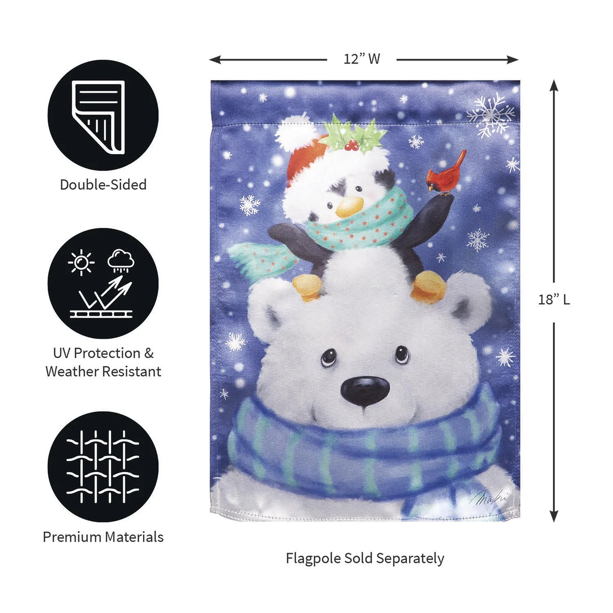 Blue flag that features a cute polar bear wearing a blue and green striped scarf. There's a cute penguin sitting on the polar bear's head. The penguin is wearing a Santa hat and a teal scarf with pink polka dots. There's a cardinal sitting on the penguin's flipper.