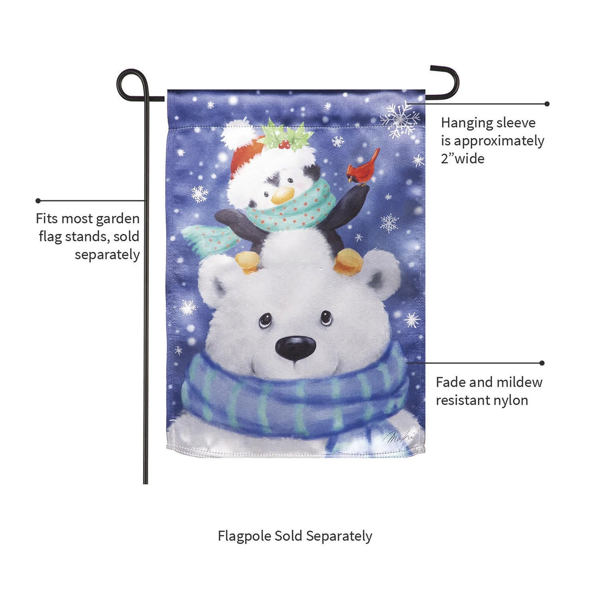 Blue flag that features a cute polar bear wearing a blue and green striped scarf. There's a cute penguin sitting on the polar bear's head. The penguin is wearing a Santa hat and a teal scarf with pink polka dots. There's a cardinal sitting on the penguin's flipper.