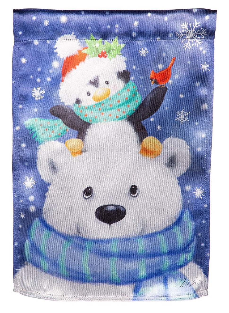 Blue flag that features a cute polar bear wearing a blue and green striped scarf. There's a cute penguin sitting on the polar bear's head. The penguin is wearing a Santa hat and a teal scarf with pink polka dots. There's a cardinal sitting on the penguin's flipper.