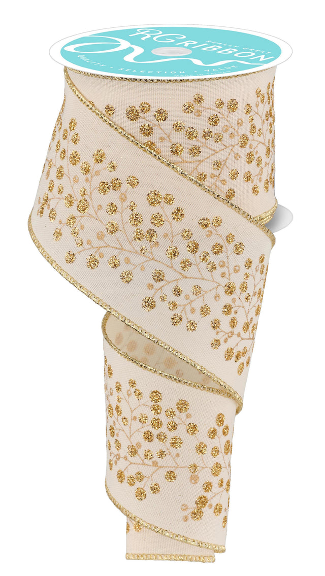 This ribbon features a gold wired edge with gold and laser gold leaves atop an ivory base.