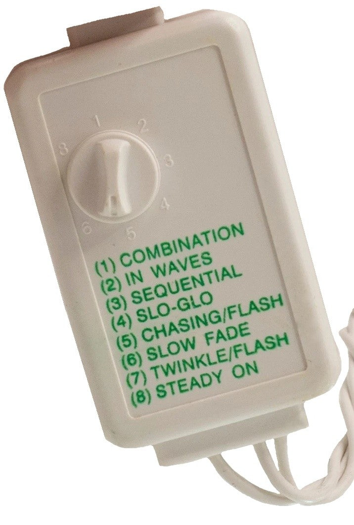 This image shows the remote for these icicle lights on a white background. The light functions are: Combination, In Waves, Sequential, Slo-Glo, Chasing/Flash, Slow Fade, Twinkle/Flash and Steady On.
