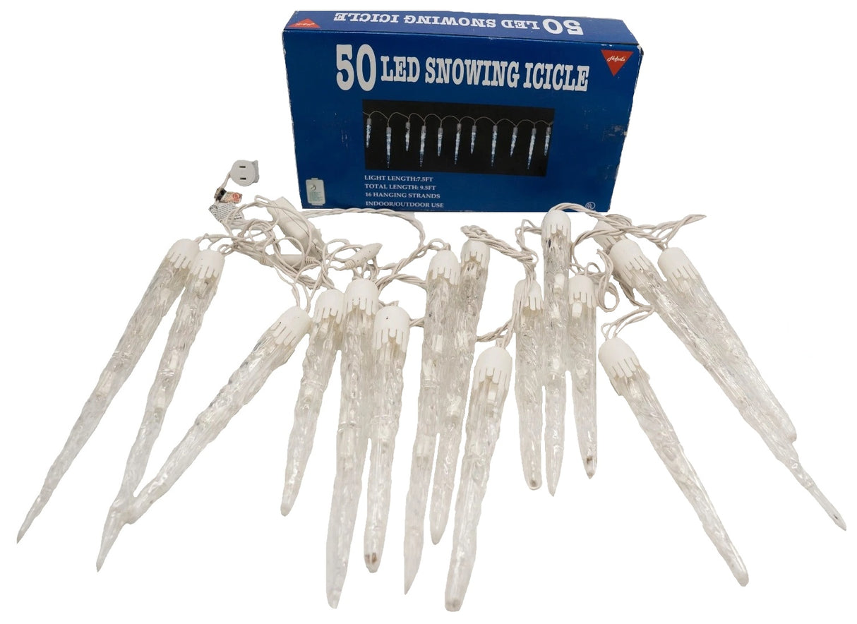 This image shows the packaging that these icicle lights come in, as well as the icicle lights outside of the box on a white background.