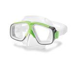 This image shows only the swim mask in the set. The swimming mask's border around the eyes is lime green and gray.