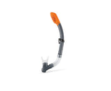 This image shows only the snorkel in the set. The snorkel is gray, the mouthpiece is clear and the top of the snorkel is orange.