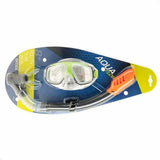 Diving set including a swimming mask and a snorkel. The swimming mask's border around the eyes is lime green and gray. The snorkel is gray, the mouthpiece is clear and the top of the snorkel is orange. This image shows the packaging it comes in.