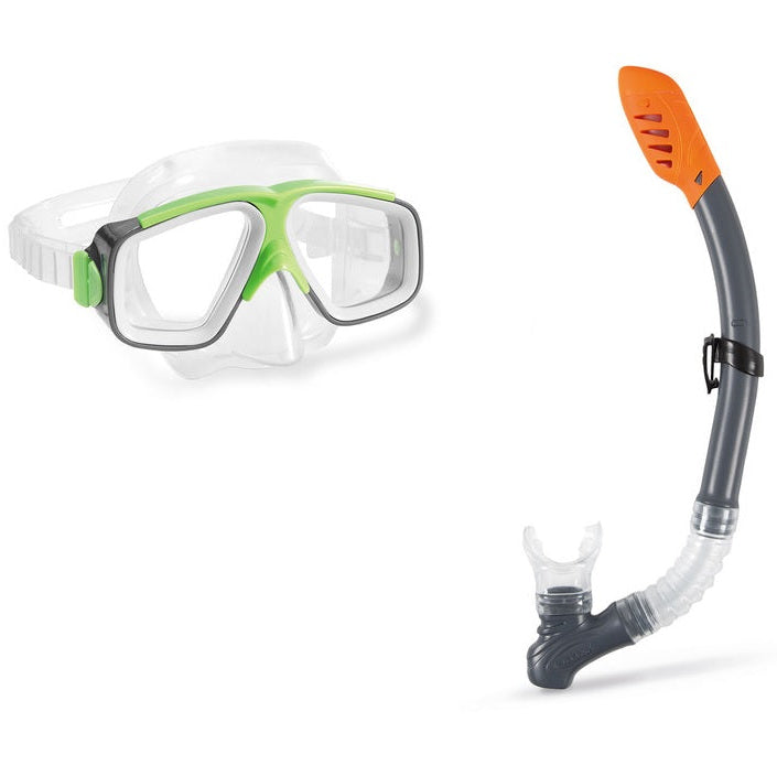 Diving set including a swimming mask and a snorkel. The swimming mask's border around the eyes is lime green and gray. The snorkel is gray, the mouthpiece is clear and the top of the snorkel is orange.