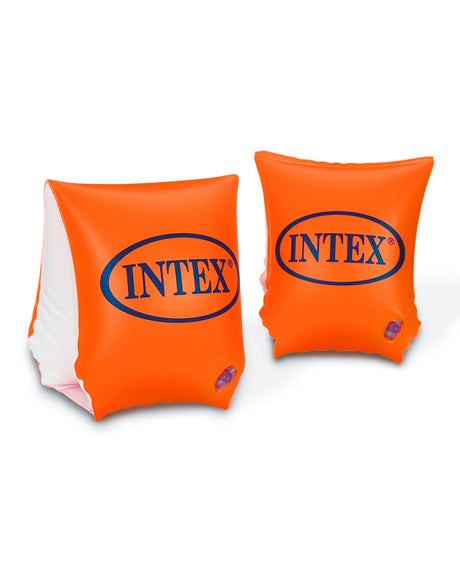Neon orange colored inflatable arm bands for children. The Intex vendor logo is printed on both. The inside of the inflatable is white.